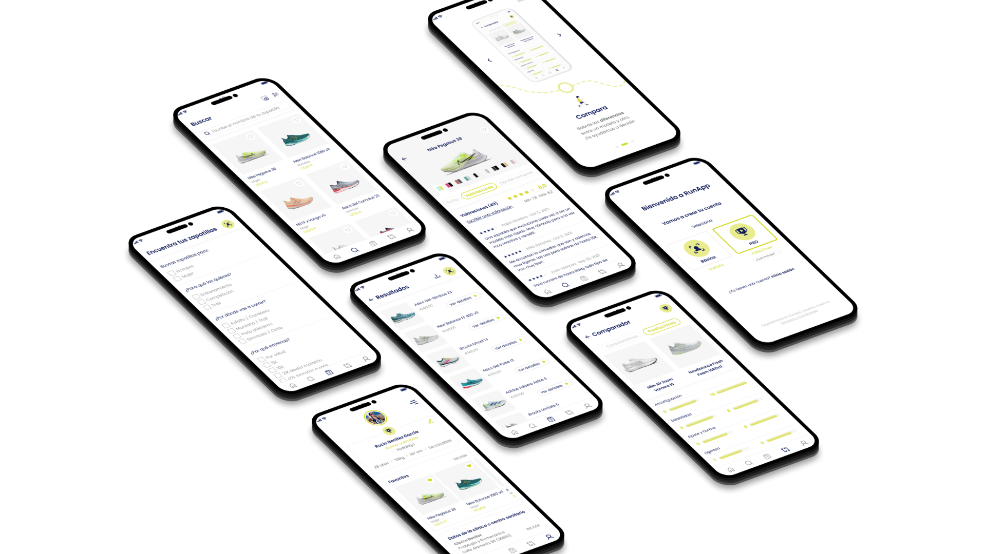 Mockup de varios iphone donde se visualizan diferentes pantallas de la app 'Runapp'